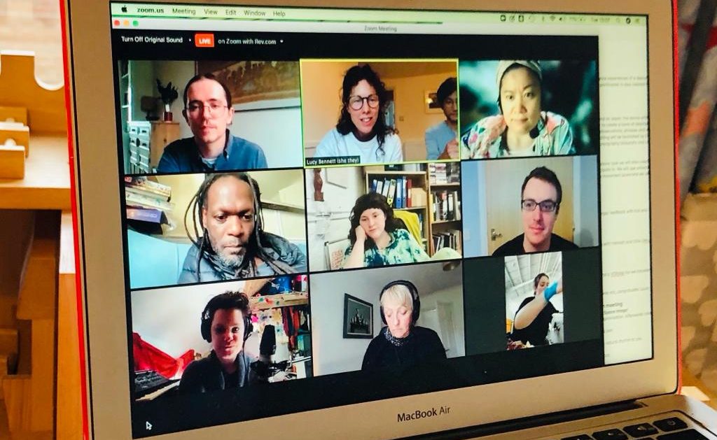 A capture of a zoom call with ten artists. 