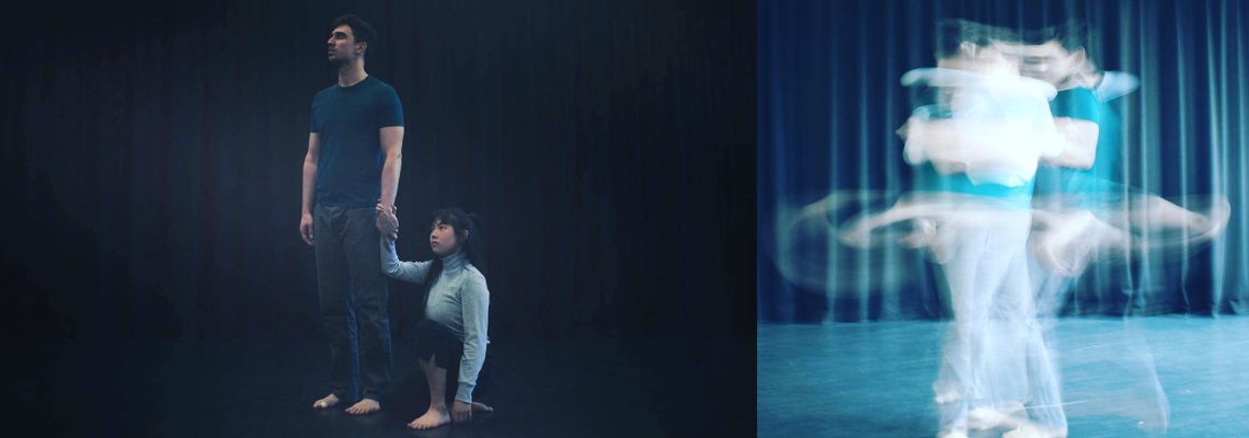 Two images of Christian and Emily during rehearsals of Nadenh's work.