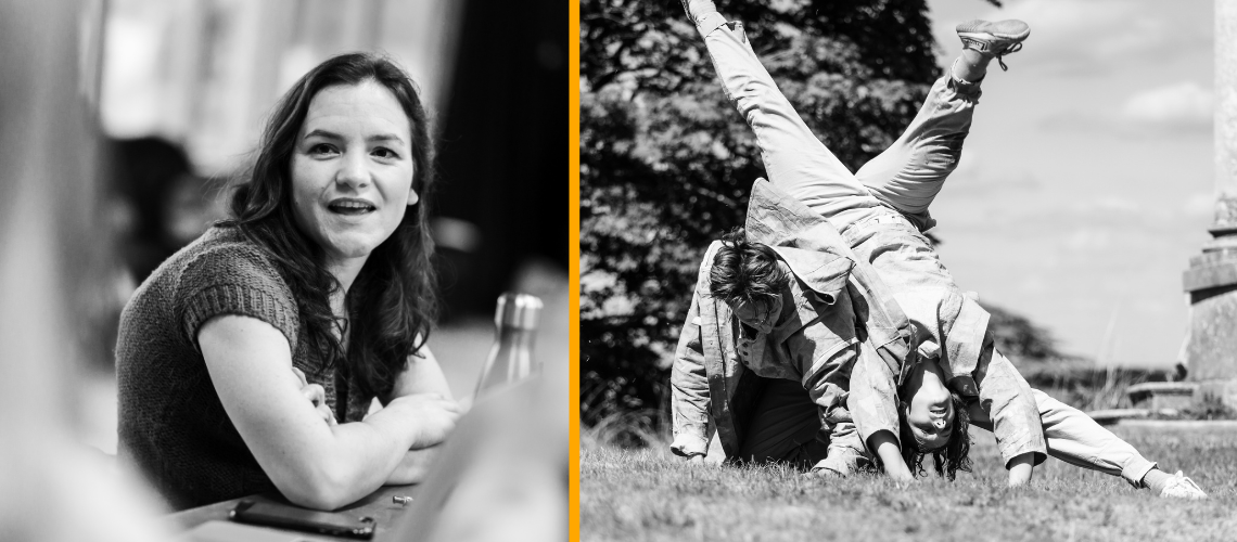Two black and white images, one of Laura Jones and one of two dancers outside.