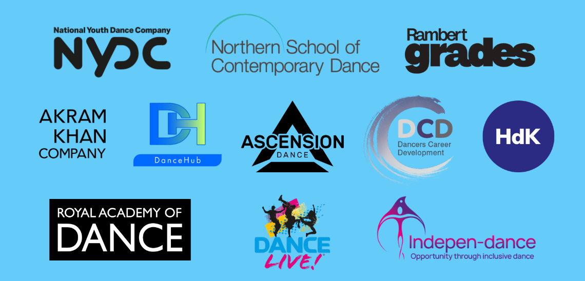 A range of dance and arts organisation logos.